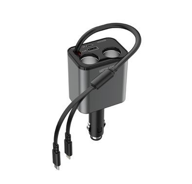 Green Lion Multiport 90W Car Charger, PD 30W, USB-C & Lightning Integrated Cable, 45W Cigarette Lighter, Overcurrent & Short Circuit Protection, LED Display - Black
