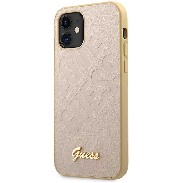 CG MOBILE Guess PU Iridescent "LOVE" Debossed Phone Case with Metal Logo Compatible for iPhone 12 Mini (5.4") Drop Protection Mobile Case Officially Licensed - Light Gold