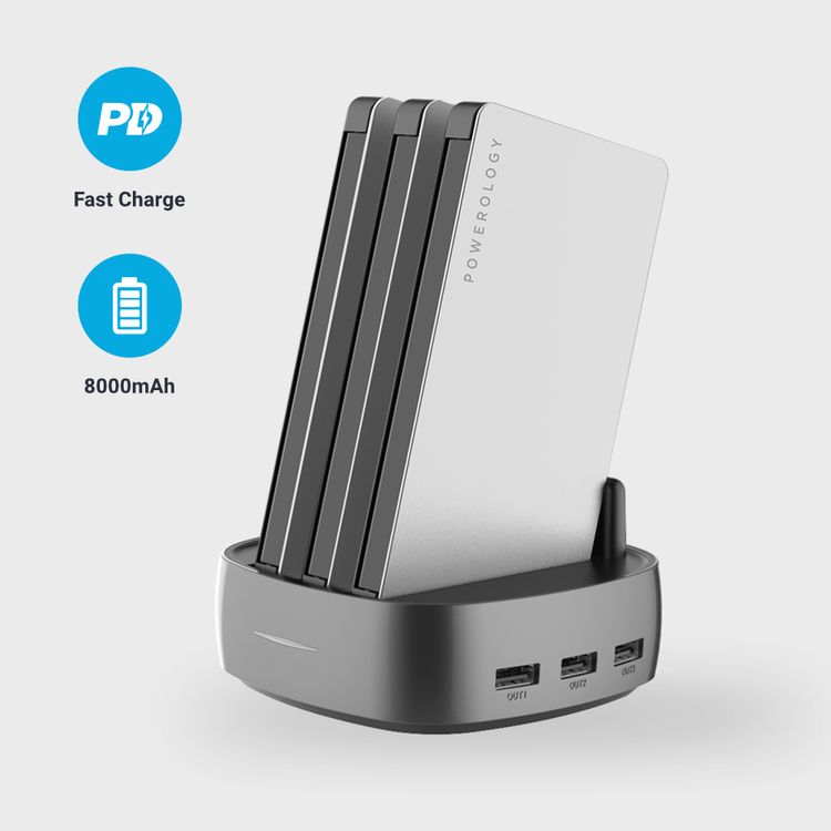 باورولوجي محطة باور بانك 8 في 1 بسعة 8000 ملي امبير في الساعة مع كابل مدمج وبنك طاقة محمول ومحطة شحن سريعة ومتوافقة مع اجهزة ايفون ، اجهزة اندرويد ، منافذ شحن من النوع سي - فضي