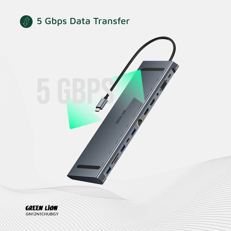 Green Lion 12-in-1 4K HDMI Ethernet USB-C Hub with 3× USB-A, 2× USB-C, 2× HDMI, SD/TF Card, RJ45, VGA & AUX Ports, Aluminum Alloy Material, 100Mbps Fast Ethernet, 29cm Cable Length, 5Gbps Data Transfer, Non-Slip Surface - Gray