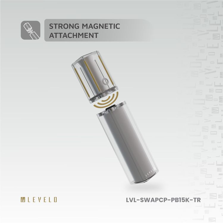 باوربانك Levelo SwapCell Pro بسعة 15000mAh مع ملحقات، 3 خلايا بطارية، قوة مغناطيسية قوية، ولاعة قوسية ورؤوس مصباح يدوي، خلية بطارية واحدة ورأس متضمن، شحن سريع - شفاف