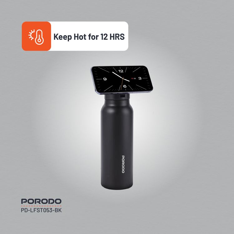 Porodo Magnetic Mount Water Bottle with Strong Magnetic Hold, Stainless Steel Material, Double-Wall Insulation, Versatile and Portable, Strong Magnetic Hold, Works with MagSafe, Wide Round Mouth - Black 
