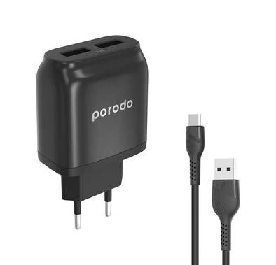 Porodo Main Charger with Cable, Dual USB Wall Charger 2.4...