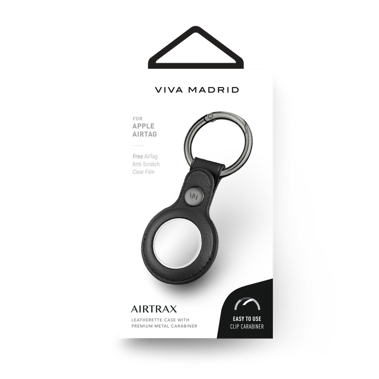 Viva Madrid Airtrax Leather Case Compatible with AirTag, Scratch Protective Skin Cover, Anti-Lost Holder with Key Ring Suitable for AirTag Bluetooth Tracker - Black