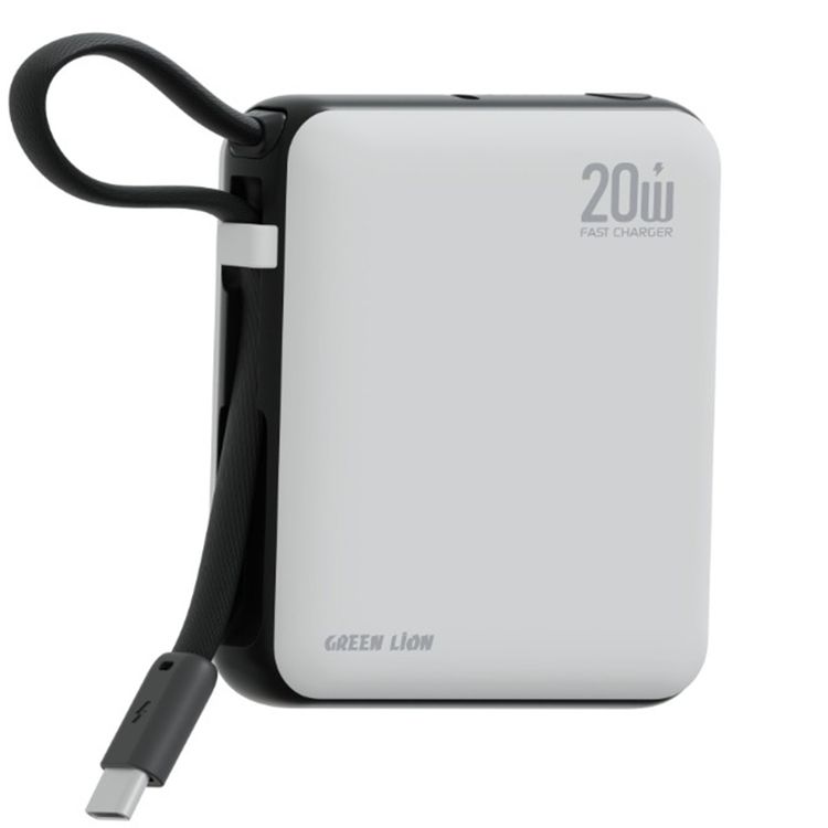 Green Lion Nuru 10000mAh Power Bank with PD 20W Fast Charging, Safety Protections, Slim Compact Design, Flight Approved, 2-in-1 Cable & Lanyard Included - White