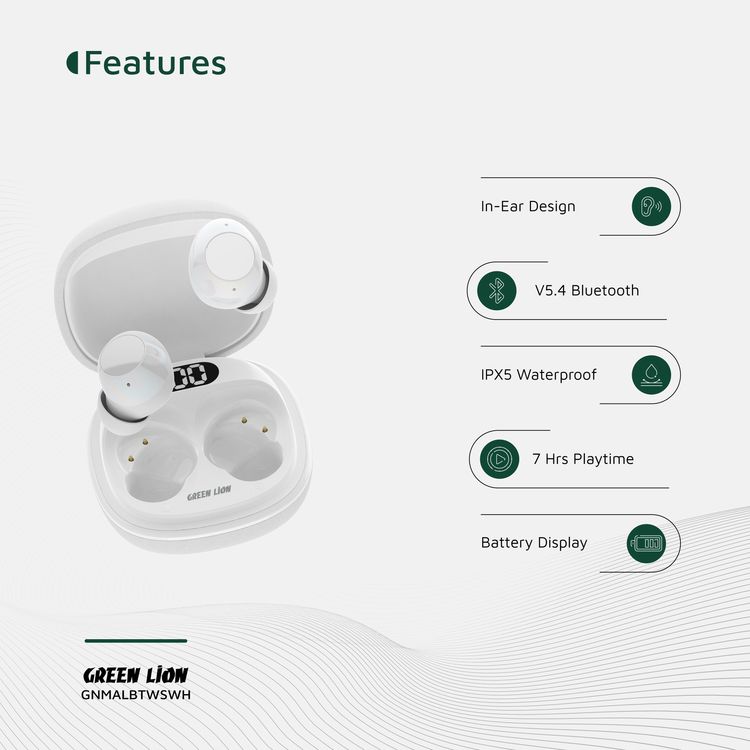 سماعات الأذن اللاسلكية الحقيقية جرين ليون مالبون مع تقنية ENC، وميكروفونات مزدوجة، ومنفذ شحن من نوع C، وإصدار بلوتوث 5.4. مدى بلوتوث 10 متر، بطارية علبة بسعة 300 مللي أمبير، وقت شحن ساعتين، ووقت استعداد 21 ساعة، عرض مستوى البطارية - أبيض