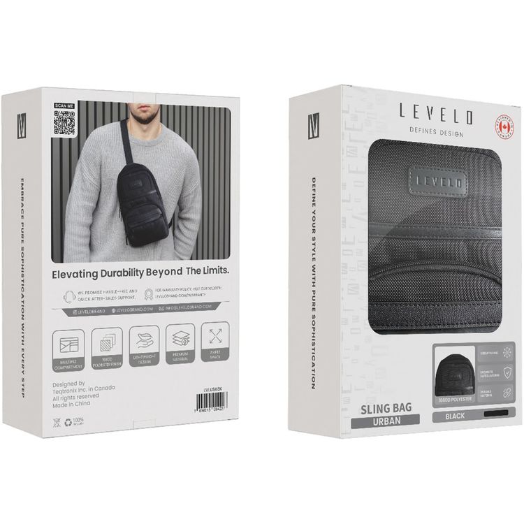 Levelo Urban Sling Bag with Multiple Compartments, 1680D Polyester Material, Lightweight Design, Ample Space, Versatile Use - Black