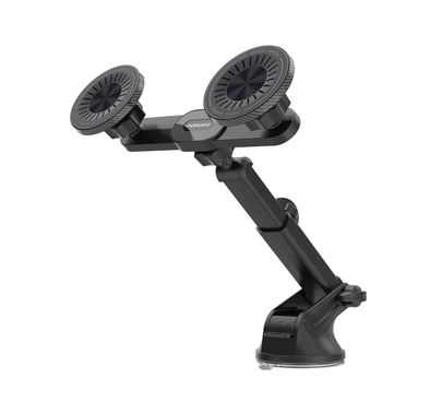 Porodo DAX-L Dual MagSafe Car Phone Mount with 360° Adjustable Telescopic Arm, Dual Phone Holder, Strong Suction Base, Lock and Unlock Function, ABS Material, Adjustable Height, Multi-Surface Mounting, 15× Strong N52 Magnets - Black