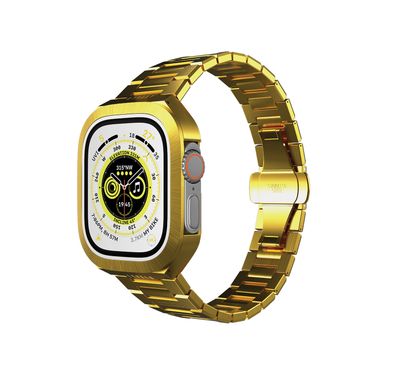 Levelo Royal Stainless Steel Strap & Case for Apple Watch 49mm, Butterfly Clasp, Adjustable Links, Quick & Convenient Removal - Gold