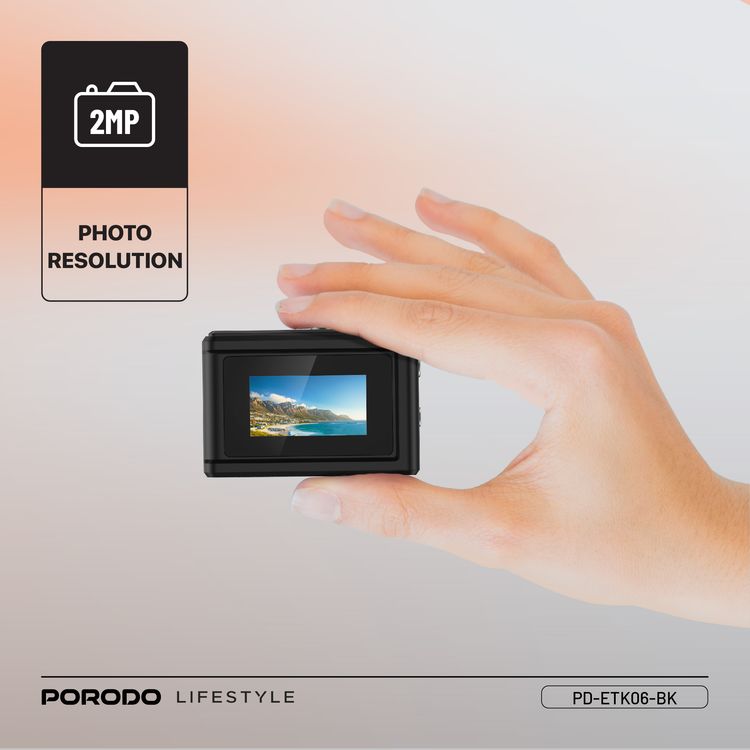Porodo Mini Digital Camera with 0.96" HD Screen, 6 Color Filters, 2MP Photo Resolution, 1080 Pixels Video Resolution, 75-80 Minutes Operating Time, 200mAh Battery Capacity, Type-C Charging Port, Instant Webcam Function - Black