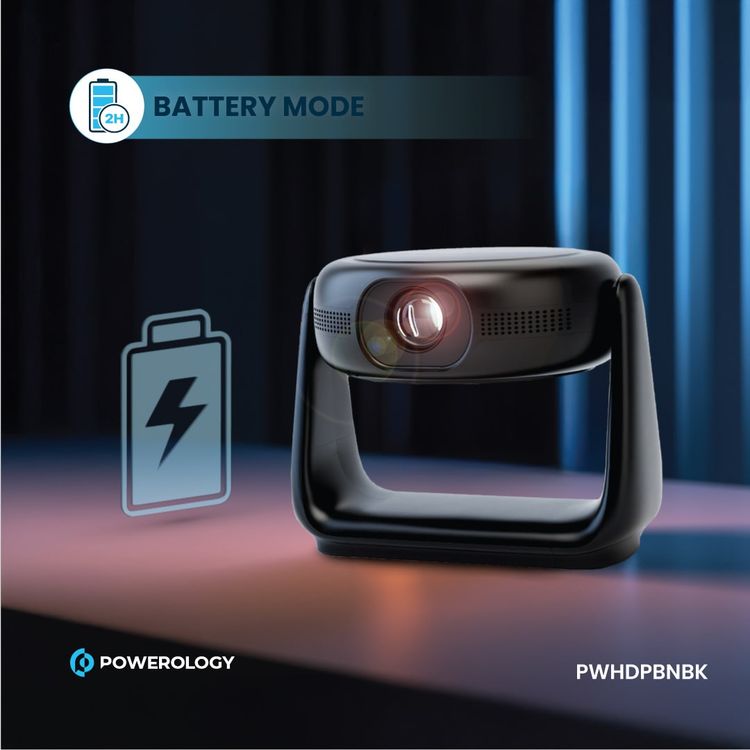 Powerology Rotating Stand Portable Projector, Auto Keystone & Focus, Built-in Lamp, Android 11.0, Bluetooth 5.0, Airplay & Miracast, 5200mAh Battery Capacity, 1GB DDR3 RAM - Black