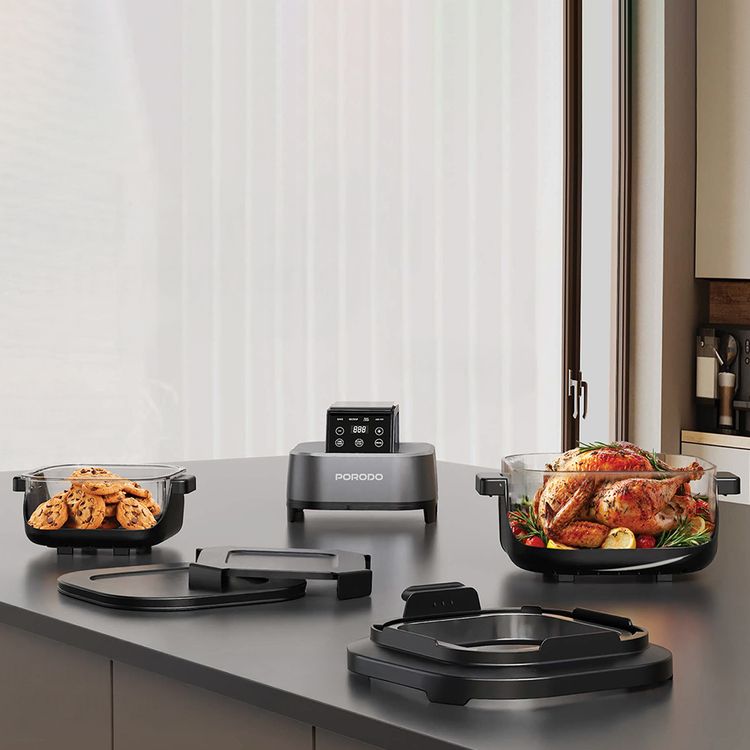 Porodo Lifestyle 4-in-1 Dual-Pot Glass Air Fryer for Bake, Crisp, Recrisp, Fry, 1.5L Small Pot Capacity, 4L Large Pot Capacity, UK 3-Pin Plug Power Cord, Health-Conscious Glass Design, Intelligent Pause Mode, 360° Turbo Heat Technology - Black