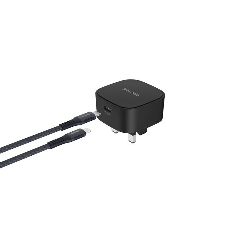 Porodo Super-Compact Fast Wall Charger UK with Braided Type-C to Lightning Cable - Black