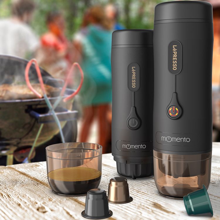 LePresso Momento 2.0 Portable Espresso Coffee Machine, Ground & Nespresso Compatible, 75W Power, 2500 mAh Battery Capacity, 2-3 Hours Re-Charge Time, 4 Single Shots Fully Charged Working Time - Black