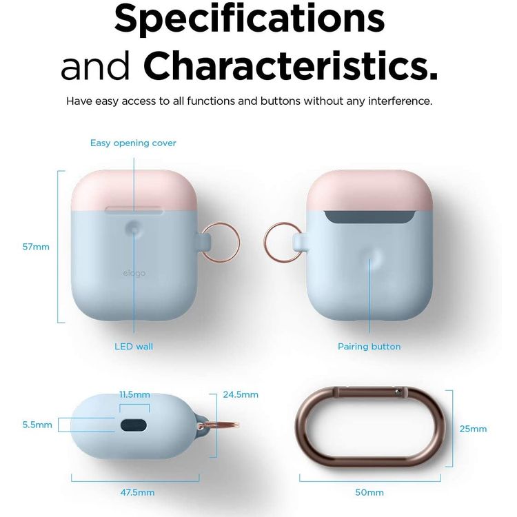 Elago Duo Hang Silicone Case with Apple AirPods Case 1 & 2 Generation, Drop Resistant, Dustproof and Absorbing Protective Cover with Hang Case Body-Pastel Blue / Top-Pink, White
