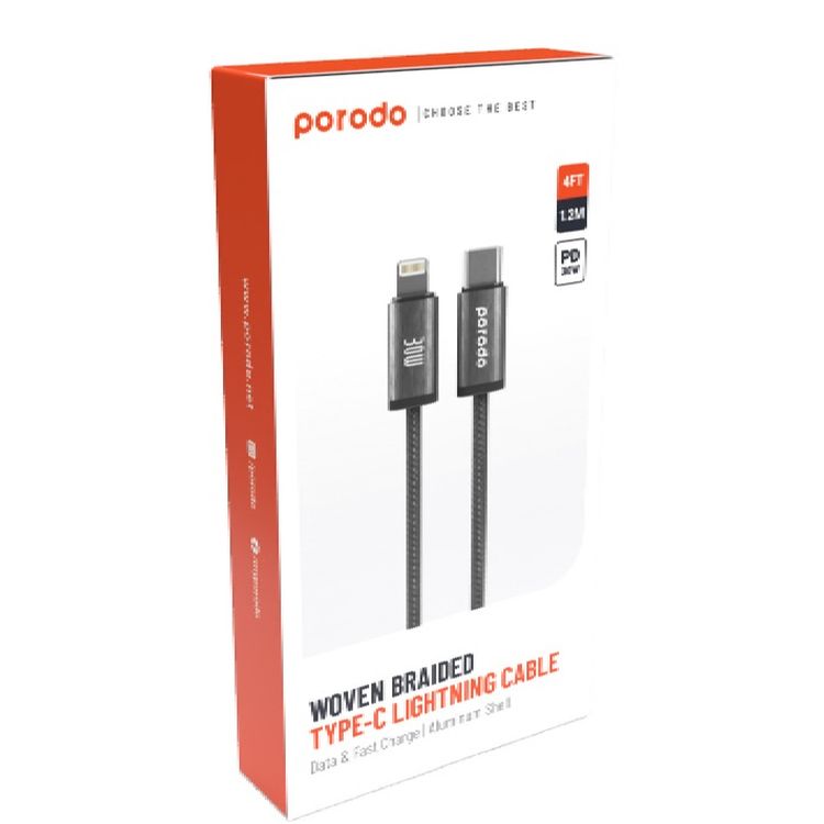 Porodo Woven 30W Type-C To Lightning Cable Cable 1.2M  - Black