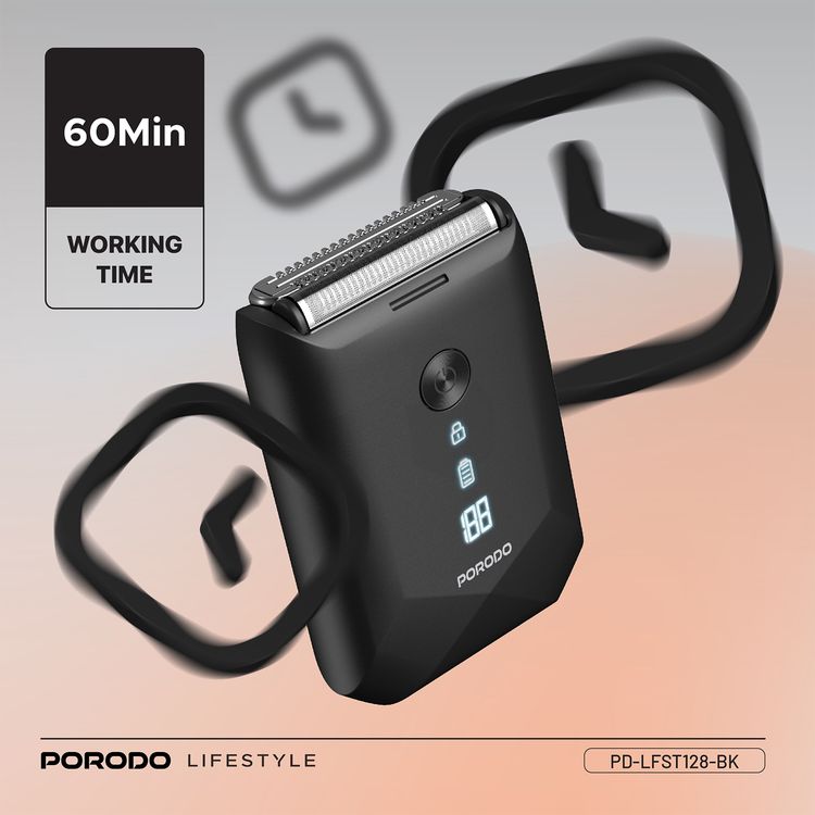Porodo Lifestyle Dual-Blade Pocket Shaver with Travel Lock, Dual-Blade, Digital Display, Type-C Charging, 600mAh Battery, 8000RPM Motor Speed, Lightweight & Portable - Black