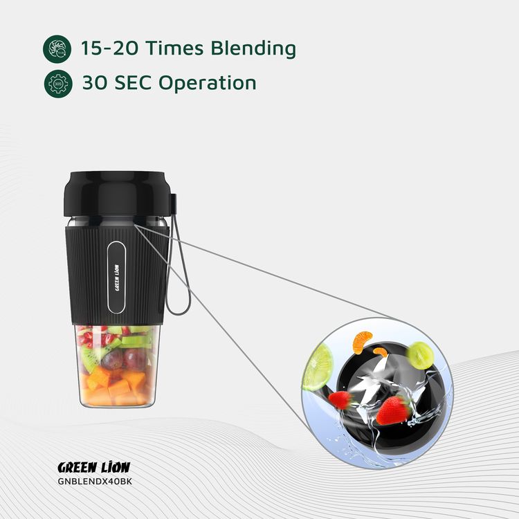 عصارة Green Lion G-Blend X المحمولة بسعة 300 مل، سعة بطارية 1500 مللي أمبير، مادة البرطمان من البولي كربونات، مادة الشفرة من الفولاذ المقاوم للصدأ، منفذ شحن من النوع C، وقت شحن 3-4 ساعات - أسود