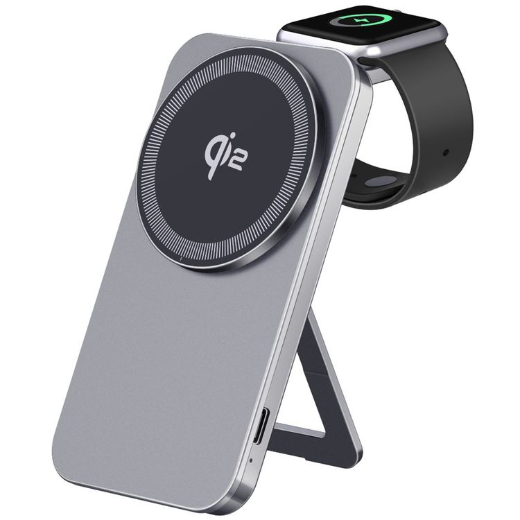Green Lion Magstand Duo Wireless Charger with Built-in Kickstand, USB-C Input Port, 15W Fast Charging, Multi-Device Charging, Qi2 Standard, Foldable & Ultra-Slim Design - Gray