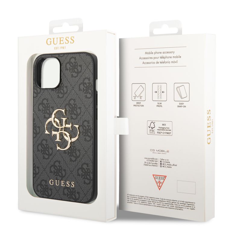 Guess PU Leather 4G Classic and Stylish Case with Big Metal Logo iPhone 14 Compatibility - Grey