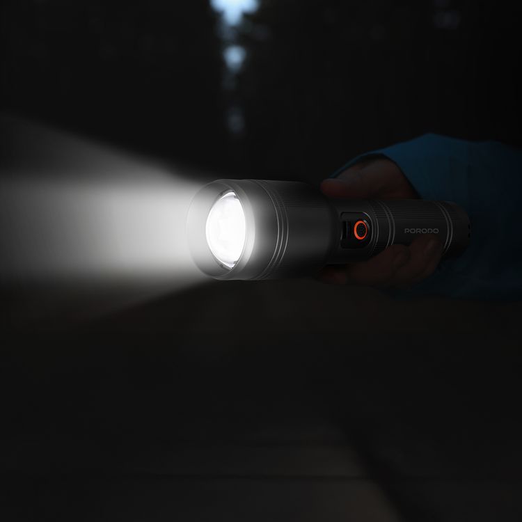 Porodo Lumalite 2600 Lumens Rechargeable Flashlight with Ultra-Bright Beam, 5000mAh Battery, 30W Rated Power, Up to 700m Coverage Area, USB-C Charging Port, 3.8 Hours Working Time, Manual Zoom Control, Multi-Mode Operation - Gray