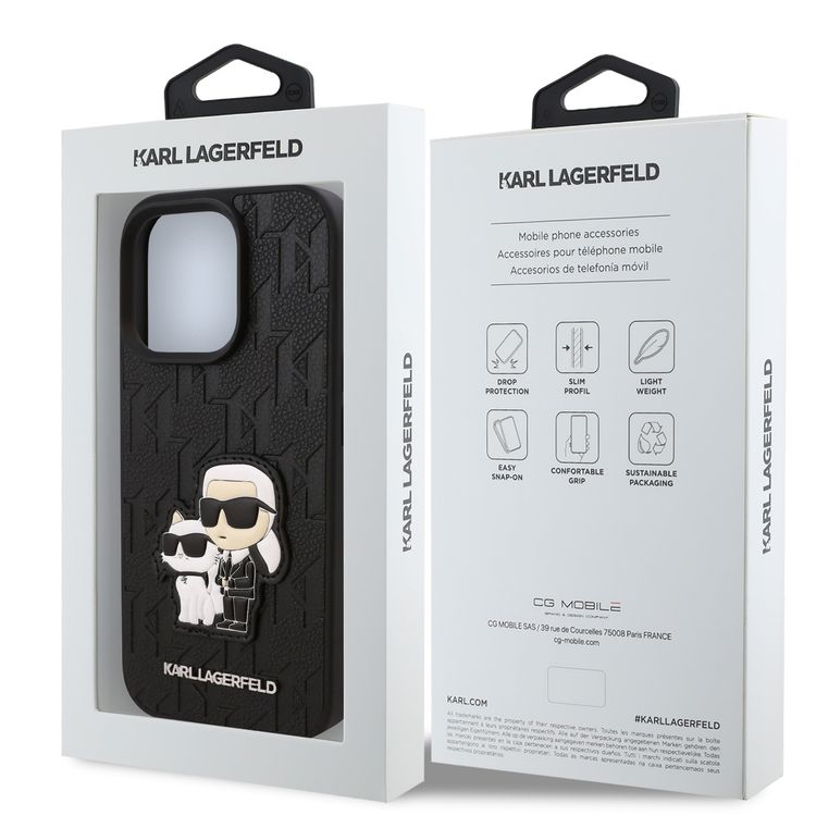Karl Lagerfeld PU Hard Case for iPhone 16 Pro Max with Monogram Karl & Choupette Patch, Slim Profile, Drop Protection, Lightweight, Comfortable Grip, Easy Snap-on - Black