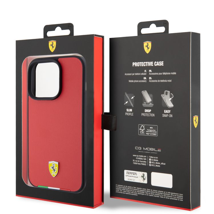 Ferrari iPhone 15 Pro For PU Leather Case with Italy Flag Line - Red