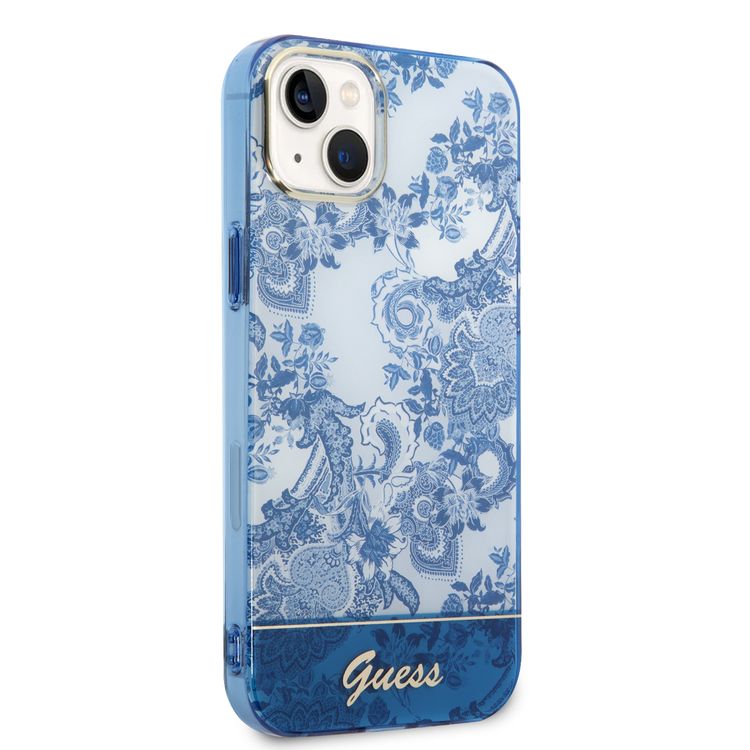 Guess PC/TPU IML Case With Double Layer Electroplated Camera Outline & Toile De Jouy - iPhone 14 - Blue