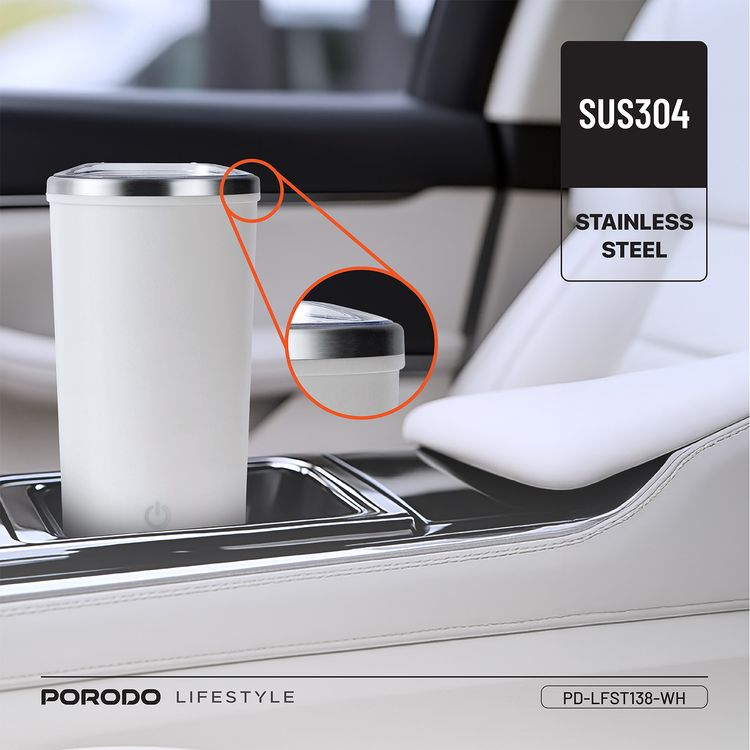Porodo Lifestyle Auto-Stirring Insulated Mug with 400mL Capacity, Anti-Slip Base, 300mAh Battery Capacity, 120-Seconds Mixing Time with Auto-Stop - White