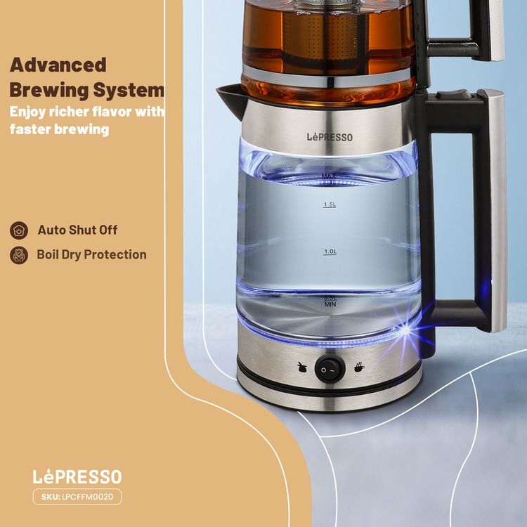 إبريق شاي زجاجي تركي ليبريسو ثيرموبرو مع سعة إبريق شاي 1.2 لتر وسعة غلاية 1.8 لتر، نظام تخمير متقدم، فلتر شاي قابل للفصل، حماية من الجفاف، وضع الحفاظ على السخونة، إيقاف تشغيل تلقائي - أسود