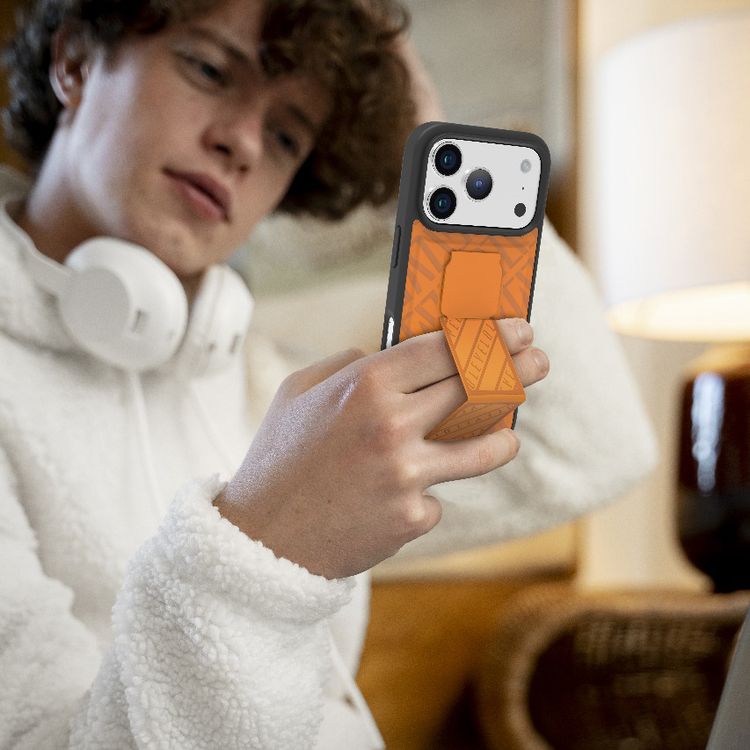 Levelo Morphix Cuero GripStand Case for iPhone 17 Pro Max, Raised Bezels for Camera & Screen, Shock-Resistant Bumper, Secure Hold, Horizontal & Vertical Viewing - Sunrise Orange