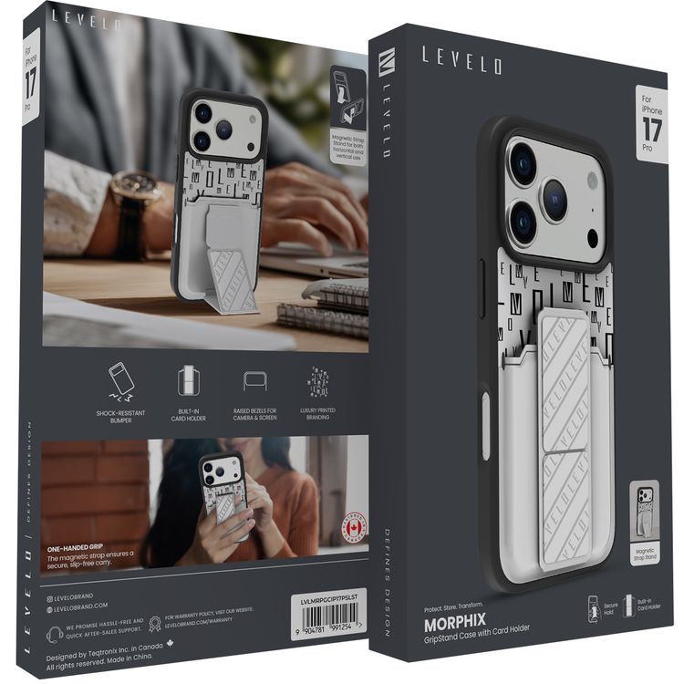 Levelo Morphix GripStand Case with Card Holder for iPhone 17 Pro, Luxury Printed Branding Design, Shock-Resistant Bumper, Raised Bezels for Camera & Screen, Magnetic Strap Stand - Silverstone