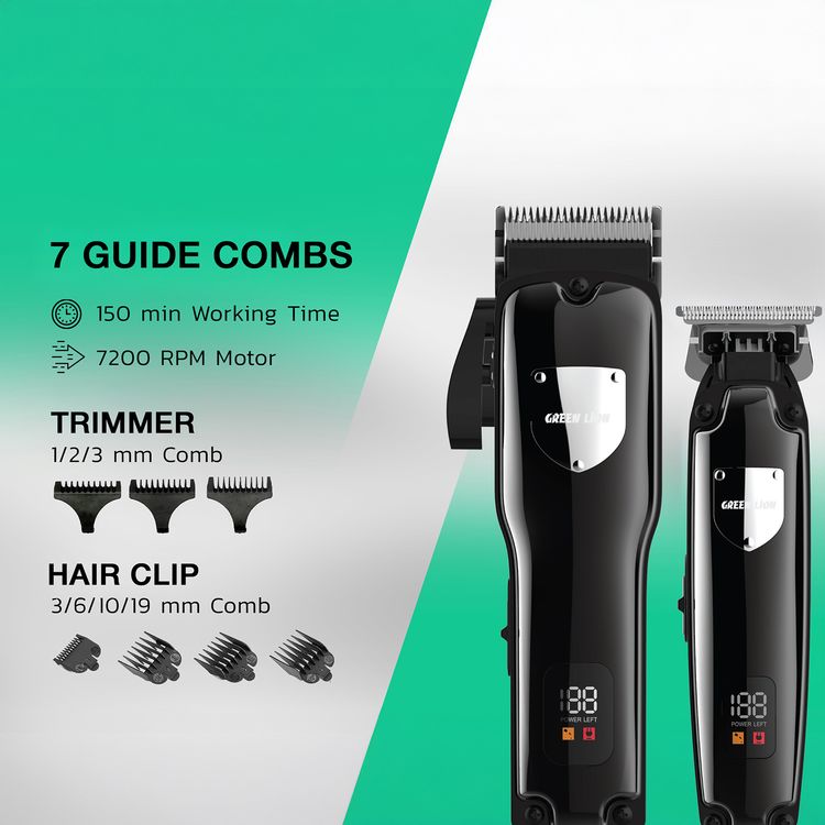 Green Lion Pro Trim Duo Hair Clipper 9-in-1 Package with Carrying Case, Digital Display, Taper Lever, Corded & Cordless - Black