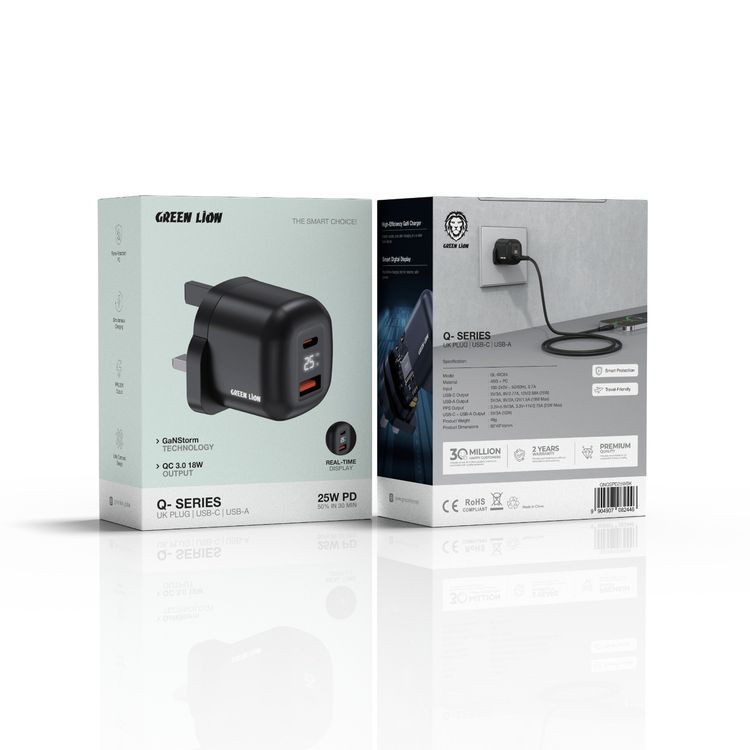  Green Lion Q-Series 25W UK Plug GaN Wall Charger with Smart Digital Display, QC 3.0 18W, GaNStorm Technology, Ultra Compact Design, High-Efficiency GaN Charger, Smart Protection, Flame-Retardant PC Material - Black