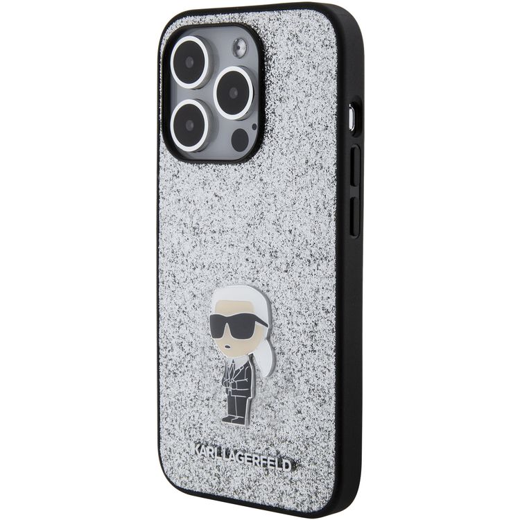 Karl Lagerfeld Fixed Glitter Case with Ikonik Logo Metal Pin - Silver - iPhone 15 Pro Max
