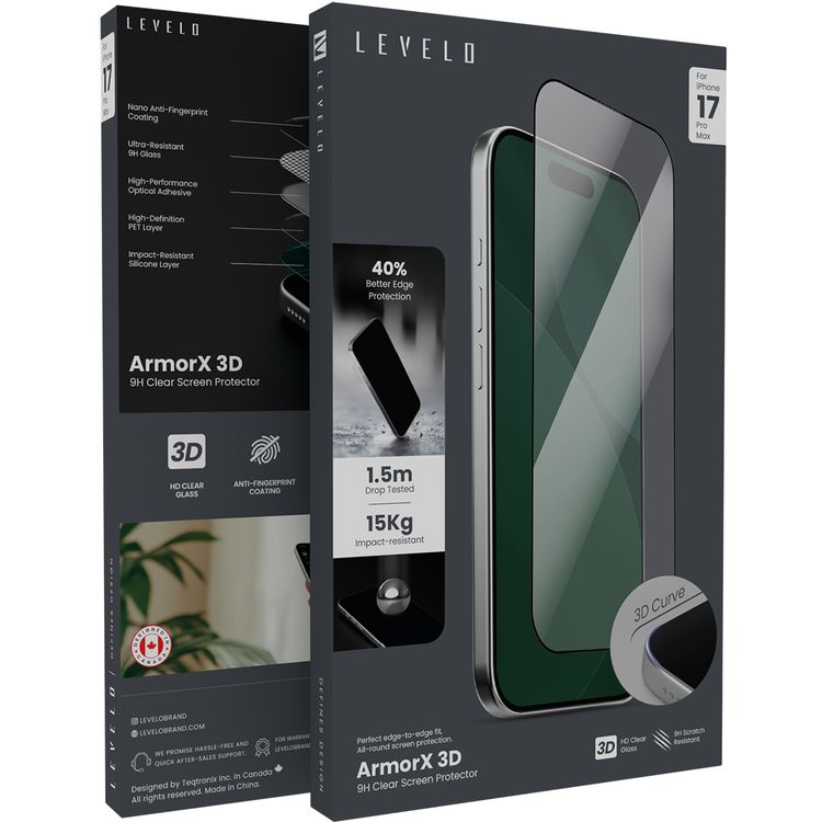 Levelo ArmorX 3D Clear Screen Protector with 9H Hardness for iPhone 17 Pro Max, Oleophobic Coating, Anti-Scratch, Anti-Fingerprint, High-Definition PET Layer, High-Performance Optical Adhesive, Impact-Resistant Silicone Layer, Drop-Tested - Clear