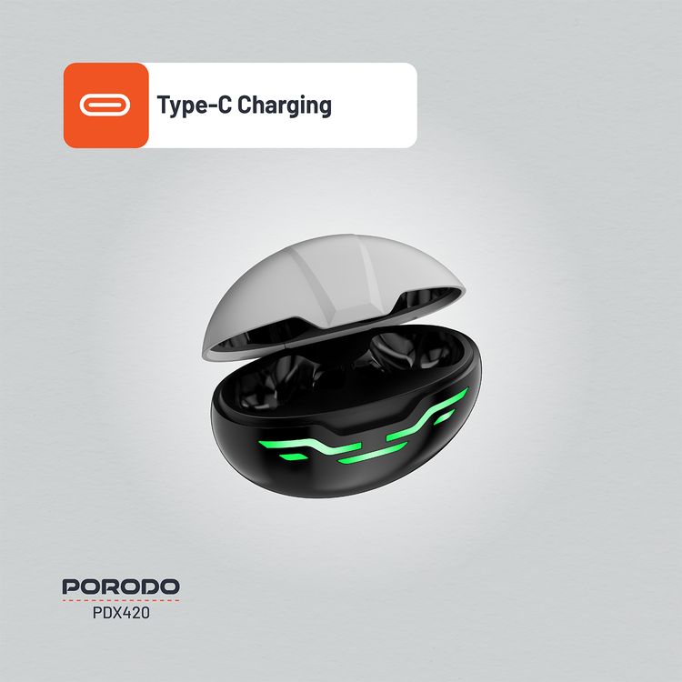 Porodo Gaming Ultra Low-Latency Gaming Earbuds, 5h Playtime, Bluetooth 5.4, ENC Support, RGB Breathing Lights, 200mAh Battery Capacity, 1000h Standby Time, Type-C Charging - Black  