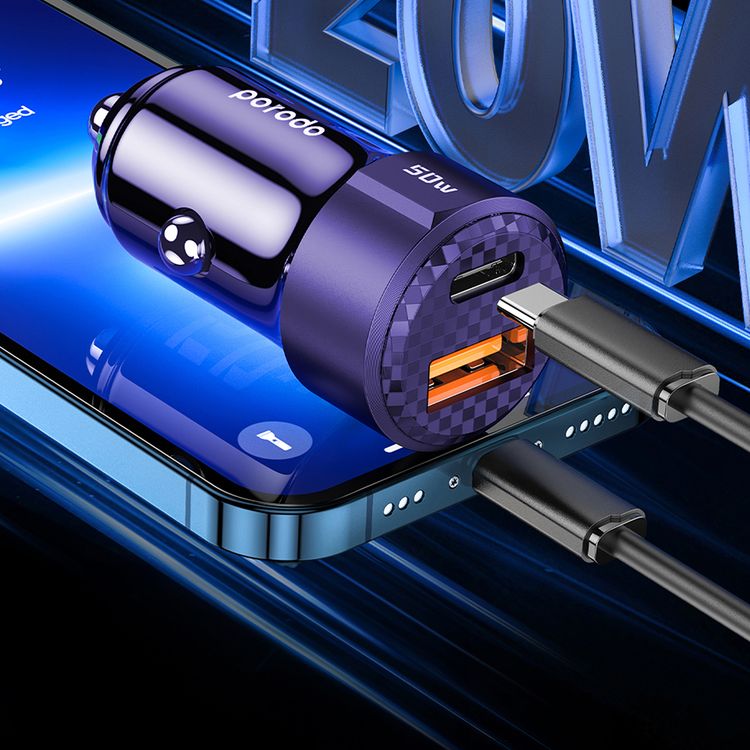 Porodo 50W Dual Port Car Charger, 20W Power Delivery, Simultaneous Fast Charging, 30W Quick Charge, Multi Protection, Carbon Fiber Print, Lightweight & Portable - Purple