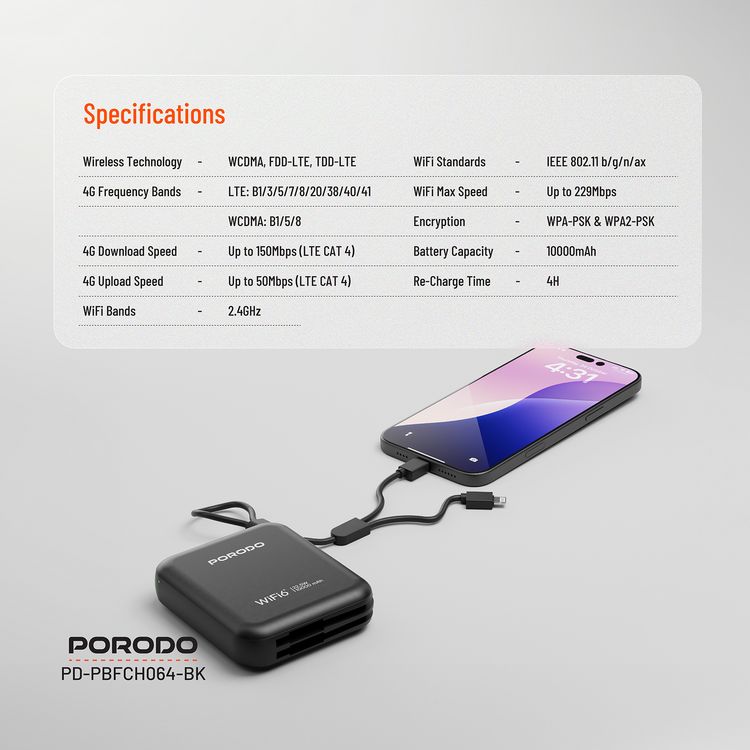 Porodo Portable 4G LTE WiFi Router,10000mAh Battery Capacity, 150Mbps Download Speed, 50Mbps Upload Speed, Built-in Cables, Secure Connection - Black