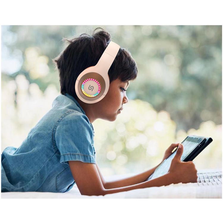 Porodo Soundtec Radiant Wireless Headphones with 6 Hours Playtime, Type-C Charging, Convenient Controls,  3.5mm Jack, LED Light, 120 Hours Standby Time, Android and iOS Compatibility - Beige/Orange