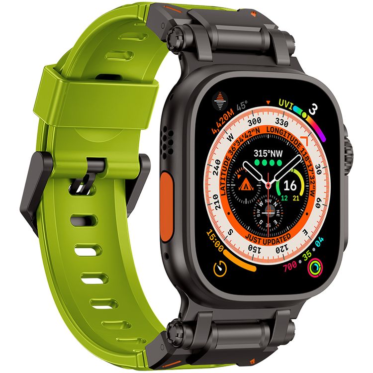 Levelo Kyoto Watch Strap, Apple Watch SE 9/8/7/6/5 (46/49mm), Fluoro Rubber & Stainless Steel Finish, Chemical Resistance, Hypoallergenic, 24/7 Wearability - Acid Green