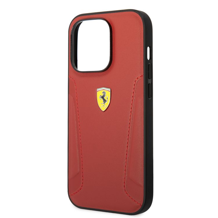Ferrari Leather Case With Hot Stamped Sides & Yellow Shield Logo - iPhone 14 Pro - Red