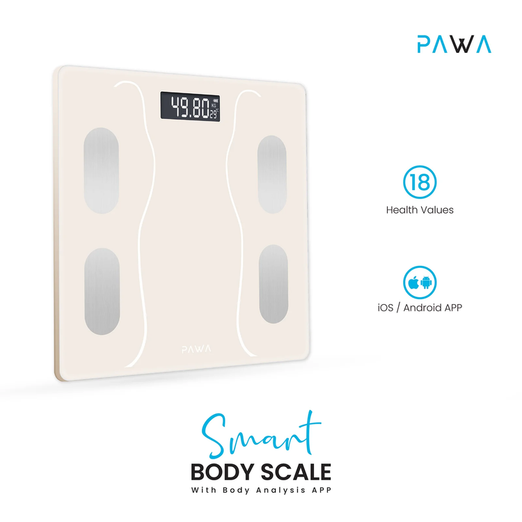 PAWA Smart Body Scale with Body Analysis iOS & Android App, 2.6" LCD Display, Kilogram & Pound Measurement Units, 2 x AAA Batteries, 180kg Maximum Weight Capacity - Beige
