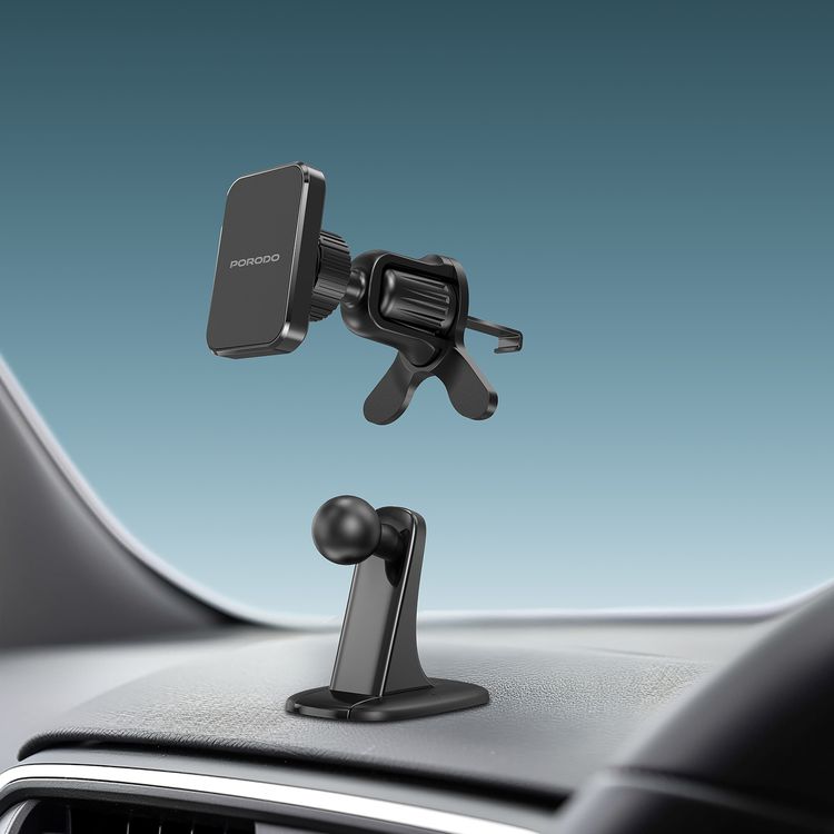 Porodo Dual Mount Magnetic Phone Holder with Dash & Air Vent Clip, Adjustable Viewing Angle, N52 Magnet Type, Multi-Surface Mounting, Strong Magnetic Hold - Black