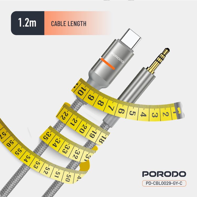Porodo AUX to USB-C Cable with LED Light, 1.2m Cable Length, Universal Compatibility, Braided Cable Type, Tangle-Free Design - Gray