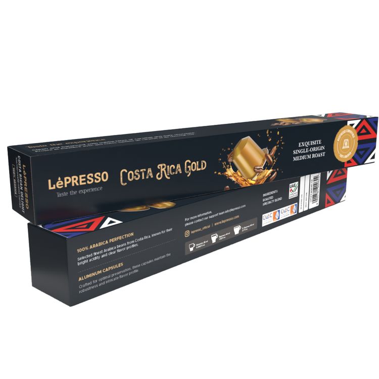 LePresso Aluminum Capsules for Nespresso, Costa Rica Origin, Caramel & Dark Chocolate Flavor Notes, 100% Arabica, Medium Roast Level, 10 Capsules per Pack - Gold