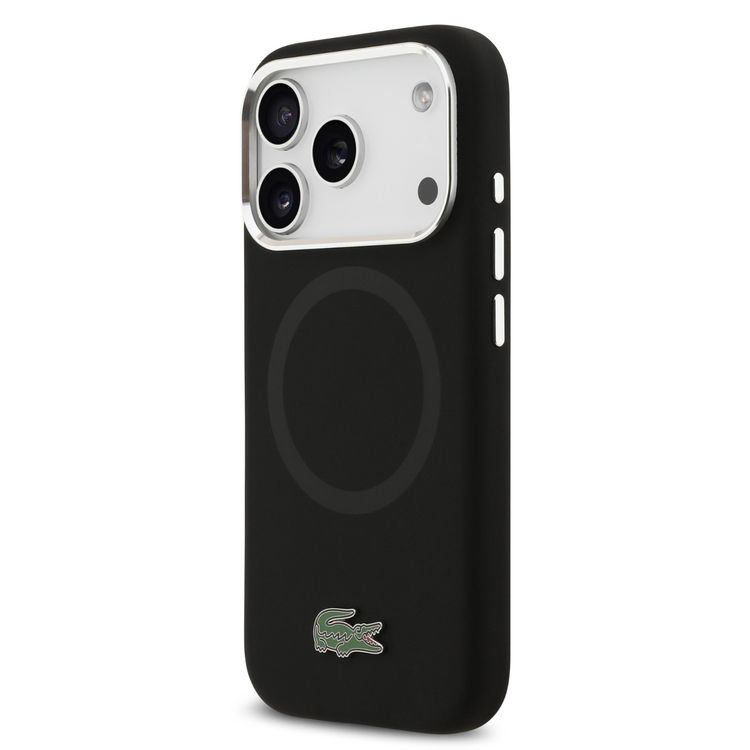 Lacoste MagSafe Silicone Case with Metal Logo for iPhone 17 Pro, Drop Protection, Sustainable Packaging, Slim Profile, Easy Snap-On Design - Black