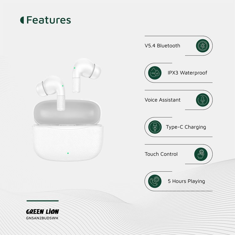 Green Lion Santorini 2 True Wireless Earbuds with Touch Controls, Up to 5 Hours Play Time, ABS Material, 2500 Hours Standby Time, 13mm Speaker Size, ENC Dual Microphones, High-Quality Sound, Voice Assistant - White