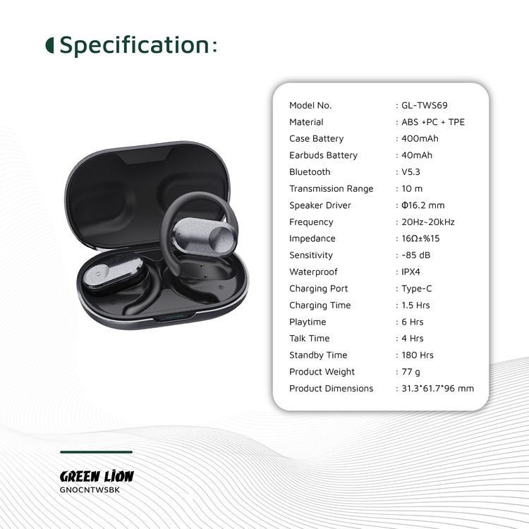 Green Lion Ocean Open-Ear Earbuds with Open-Ear Design, Up to 6 Hours Playtime, 135° Free Rotation, Game Mode, Low Latency, 180 Hours Standby Time, IPX4 Waterproof - Black