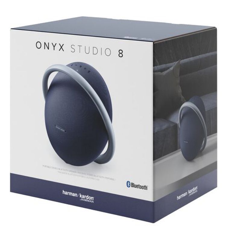 Harman Kardon Portable Bluetooth Speaker Onyx Studio 8 with Elegant Design, Self-Tuning, Eco-friendly Materials, Built-in Dual Microphone, Stereo Sound with Two Speakers - Blue